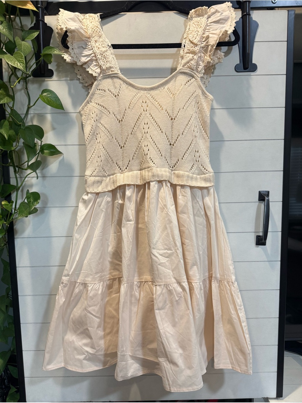 BiBi Cream Lace-Trim Knit Bodice Tiered Dress